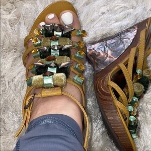 Two lips embellished crystal like open toe wedge shoes sandals